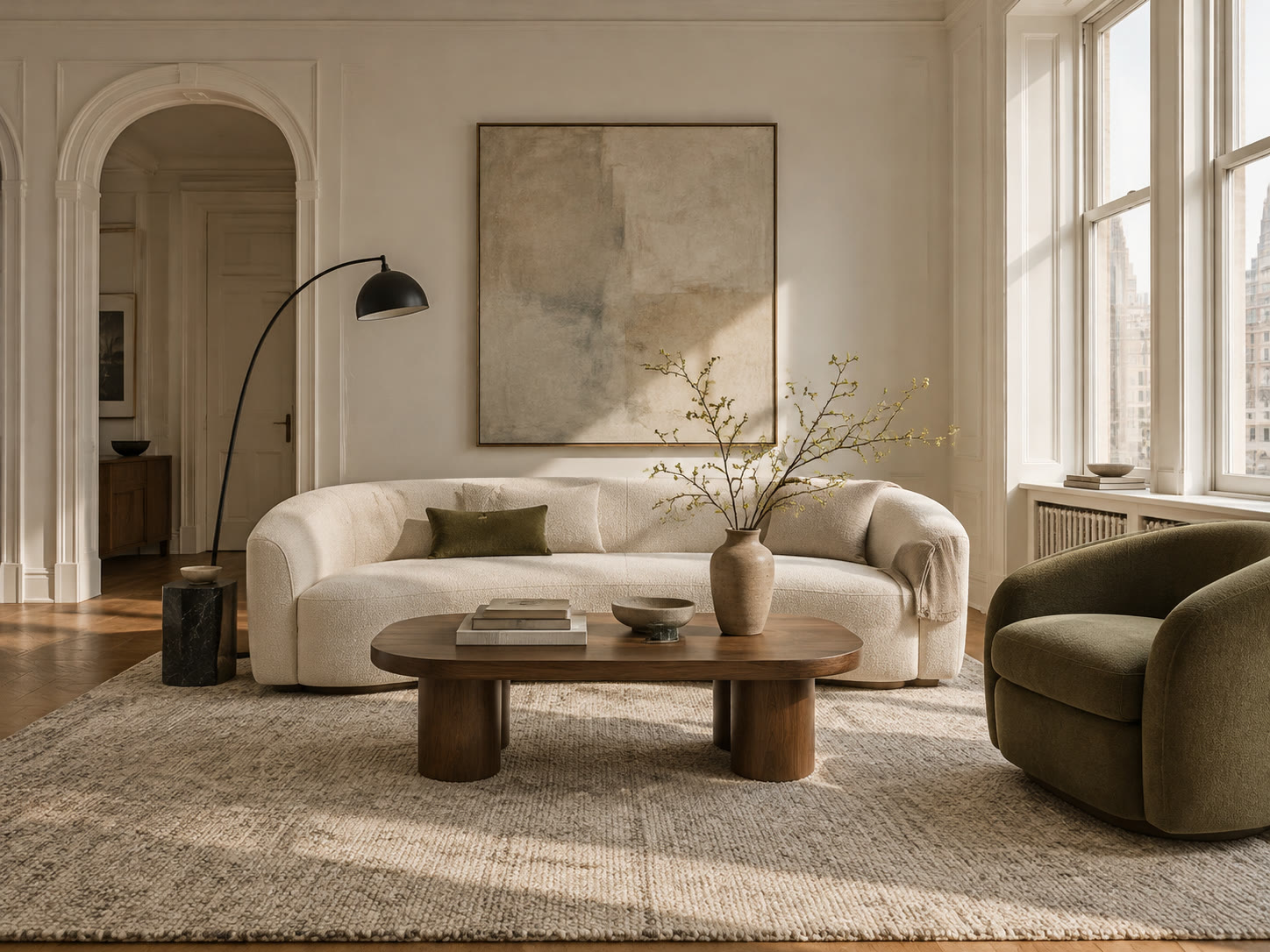 Illustrative apartment with a cream sofa, walnut table and olive armchair